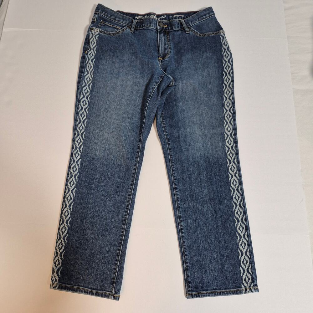 Eddie Bauer Boyfriend Cropped Jeans Aztec Print Accents Blue Denim Size 8